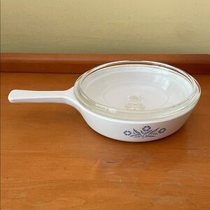 White Glass Skillet with Blue Floral Design